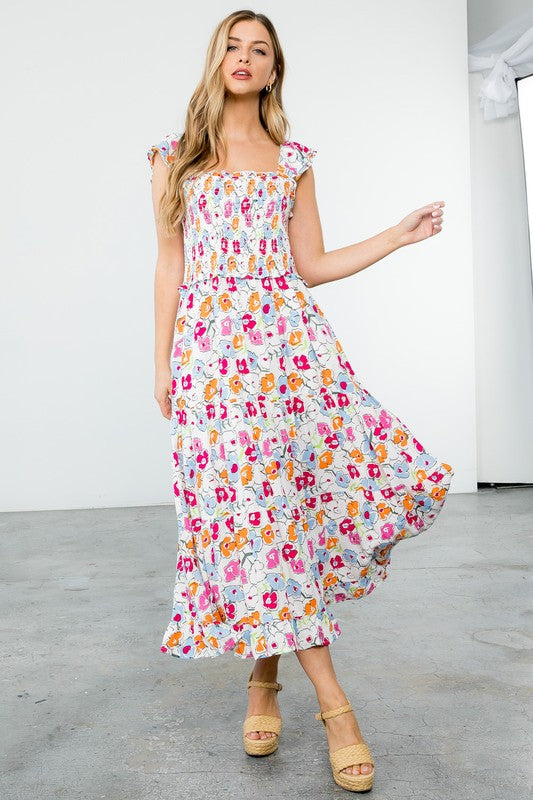 Astrid Smocked Floral Print Tiered Midi Dress Astrid Smocked Floral Print Tiered Midi Dress