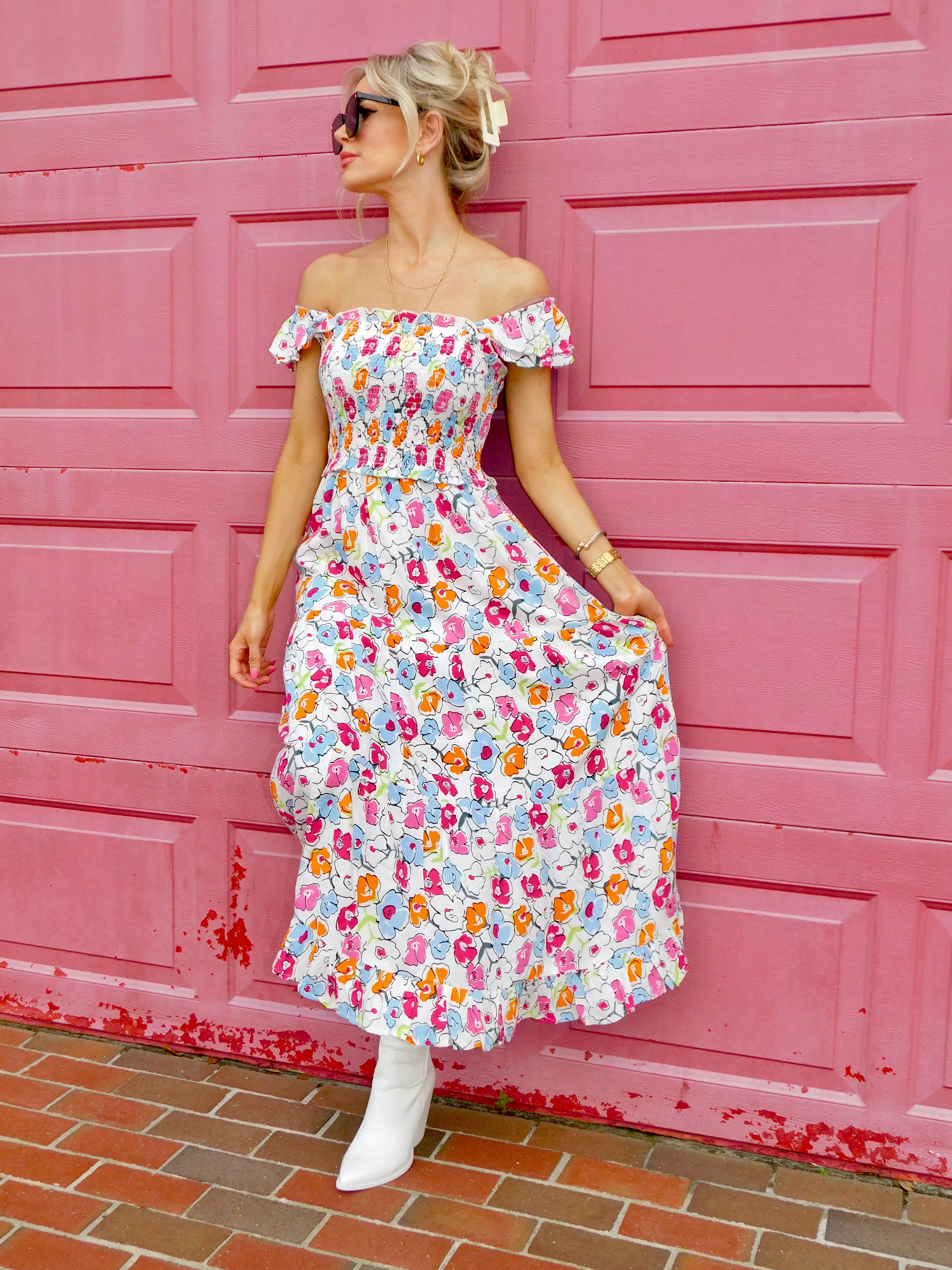 Astrid Smocked Floral Print Tiered Midi Dress Astrid Smocked Floral Print Tiered Midi Dress
