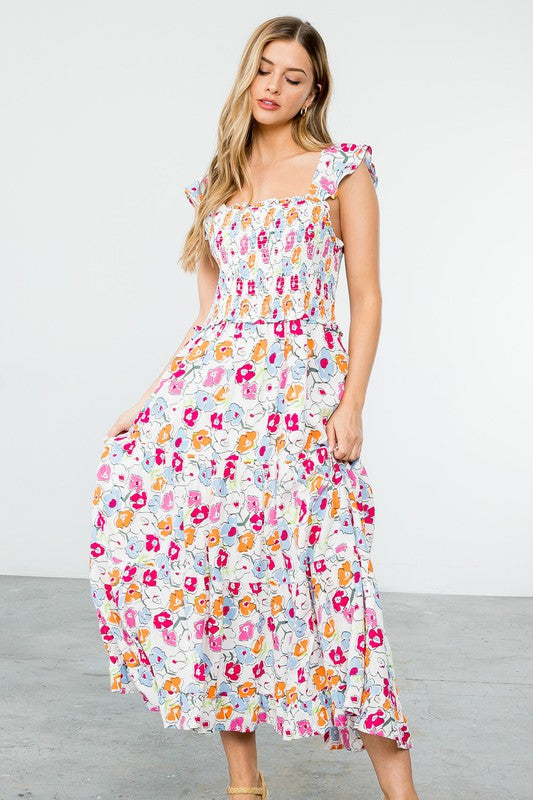 Astrid Smocked Floral Print Tiered Midi Dress Astrid Smocked Floral Print Tiered Midi Dress