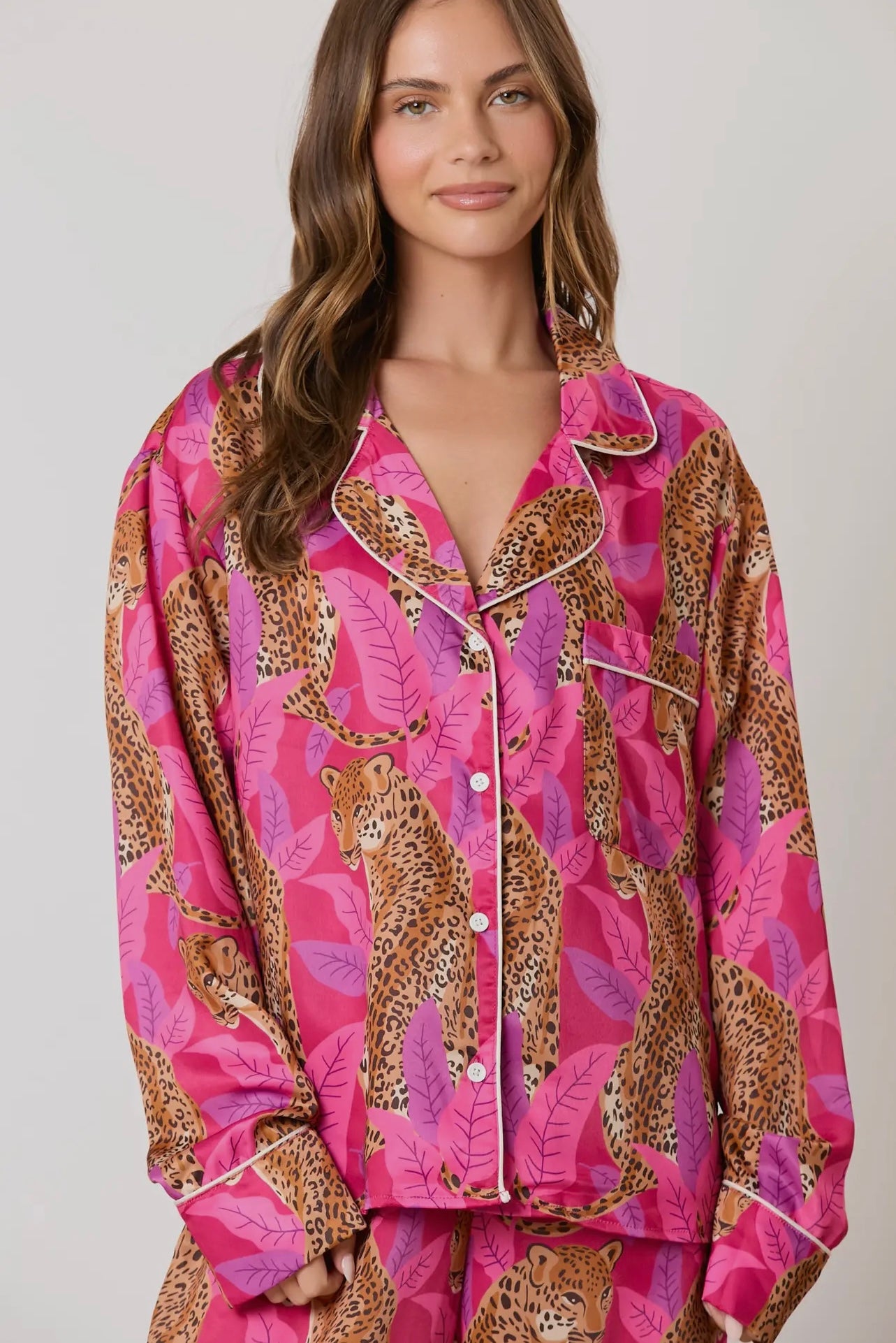 Silky Satin Cheetah Print Long Sleeve Pajama Set Silky Satin Cheetah Print Long Sleeve Pajama Set