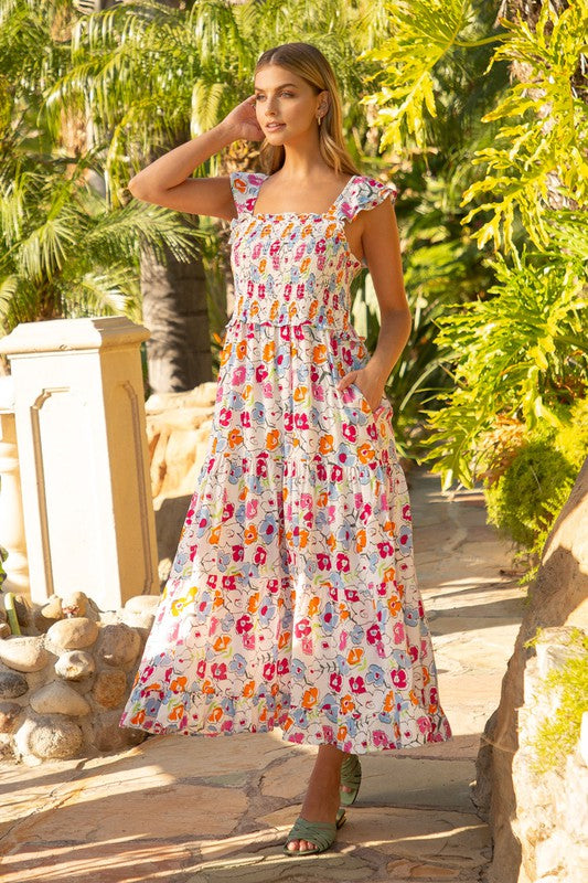 Astrid Smocked Floral Print Tiered Midi Dress Astrid Smocked Floral Print Tiered Midi Dress