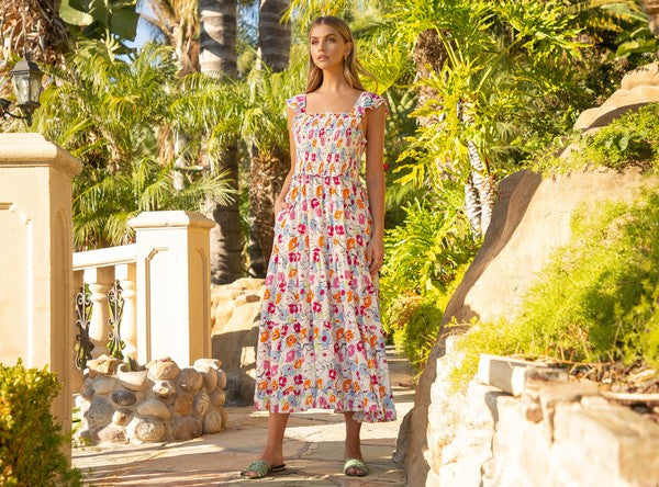 Astrid Smocked Floral Print Tiered Midi Dress Astrid Smocked Floral Print Tiered Midi Dress