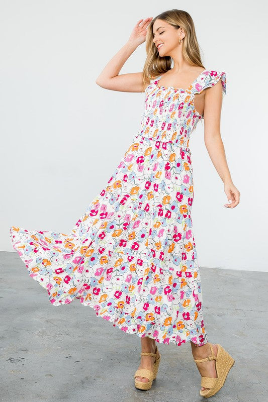 Astrid Smocked Floral Print Tiered Midi Dress Astrid Smocked Floral Print Tiered Midi Dress