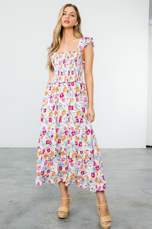 Astrid Smocked Floral Print Tiered Midi Dress Astrid Smocked Floral Print Tiered Midi Dress