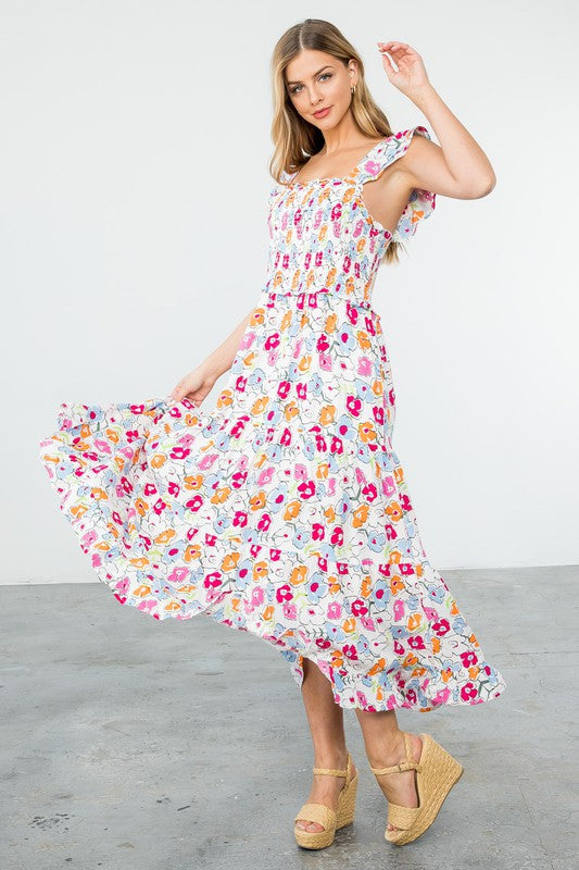 Astrid Smocked Floral Print Tiered Midi Dress Astrid Smocked Floral Print Tiered Midi Dress