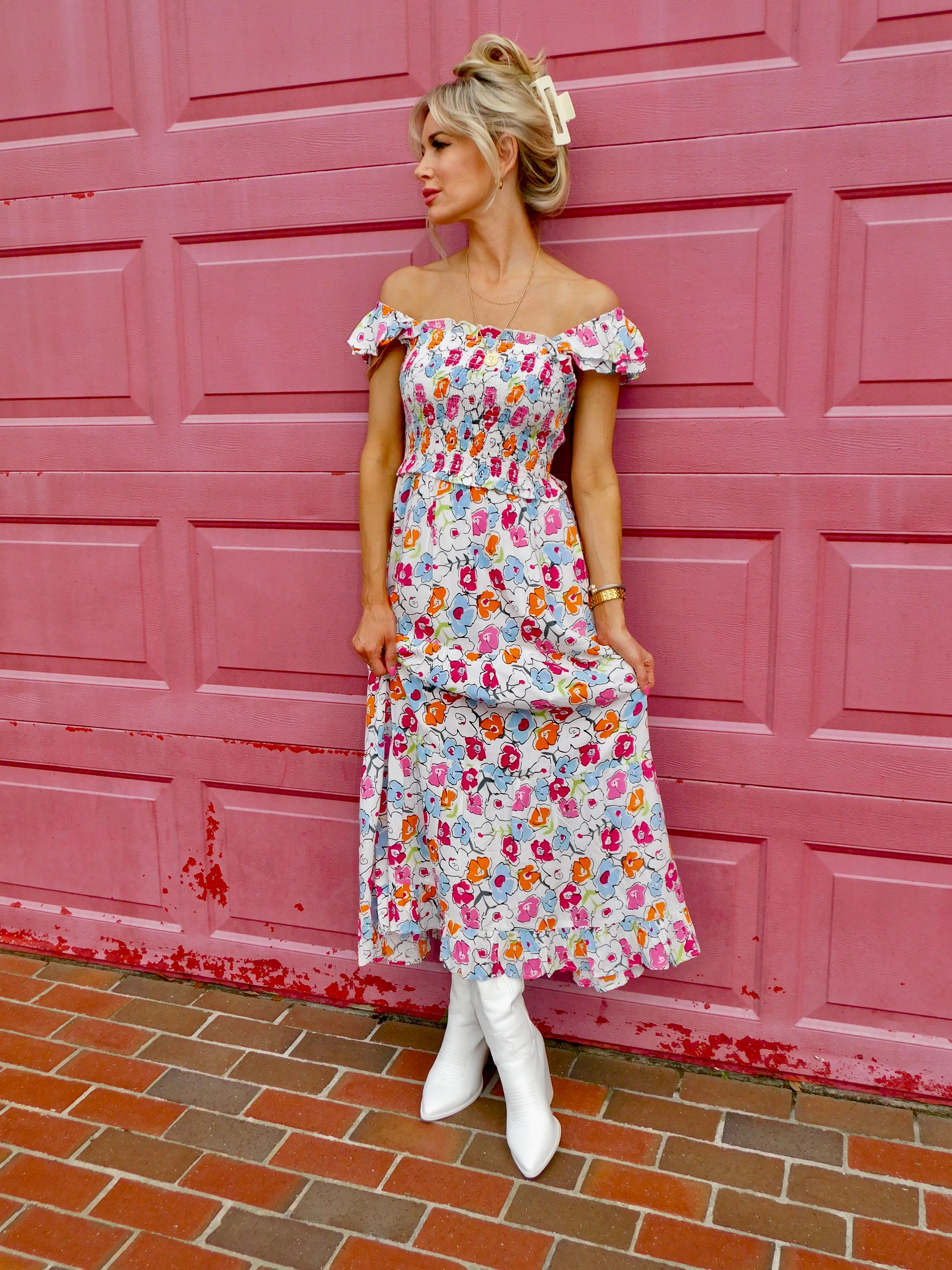 Astrid Smocked Floral Print Tiered Midi Dress Astrid Smocked Floral Print Tiered Midi Dress