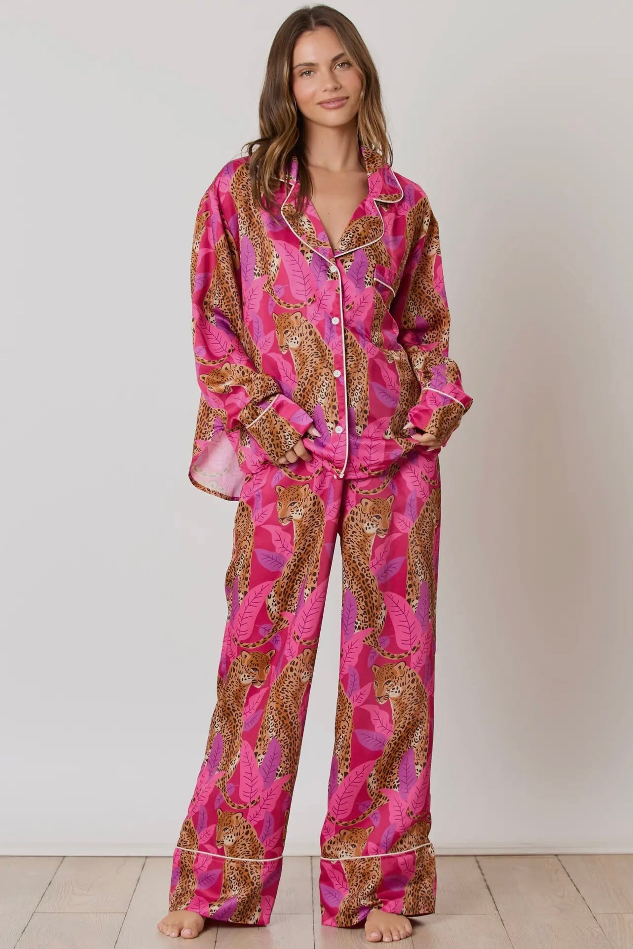 Silky Satin Cheetah Print Long Sleeve Pajama Set Silky Satin Cheetah Print Long Sleeve Pajama Set