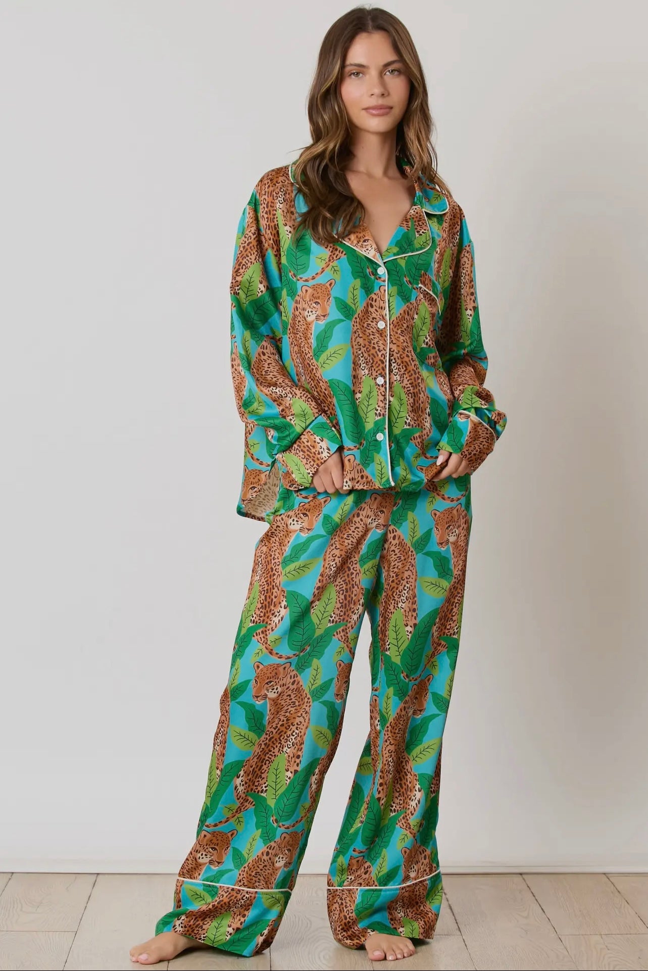 Silky Satin Cheetah Print Long Sleeve Pajama Set Silky Satin Cheetah Print Long Sleeve Pajama Set