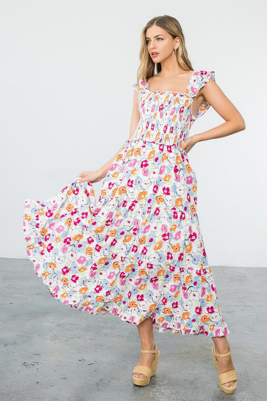 Astrid Smocked Floral Print Tiered Midi Dress Astrid Smocked Floral Print Tiered Midi Dress