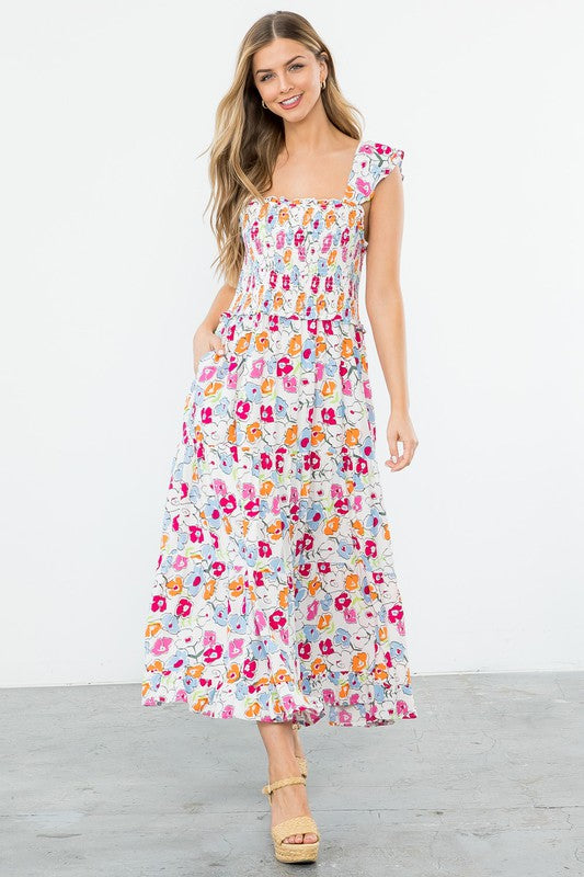 Astrid Smocked Floral Print Tiered Midi Dress Astrid Smocked Floral Print Tiered Midi Dress