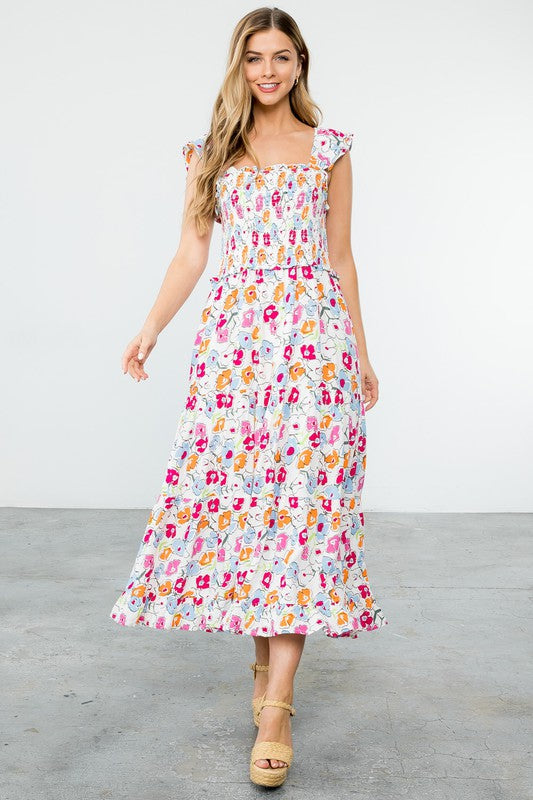 Astrid Smocked Floral Print Tiered Midi Dress Astrid Smocked Floral Print Tiered Midi Dress
