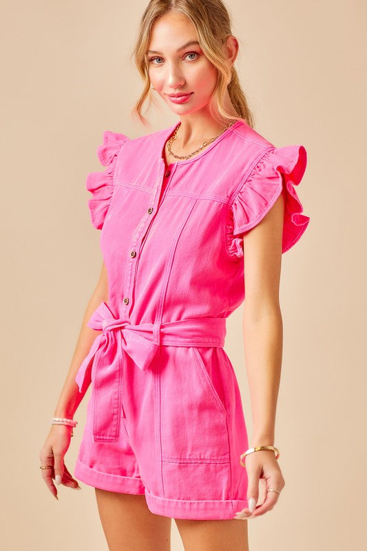 Portia Ruffle Sleeve Belted Denim Romper Portia Ruffle Sleeve Belted Denim Romper
