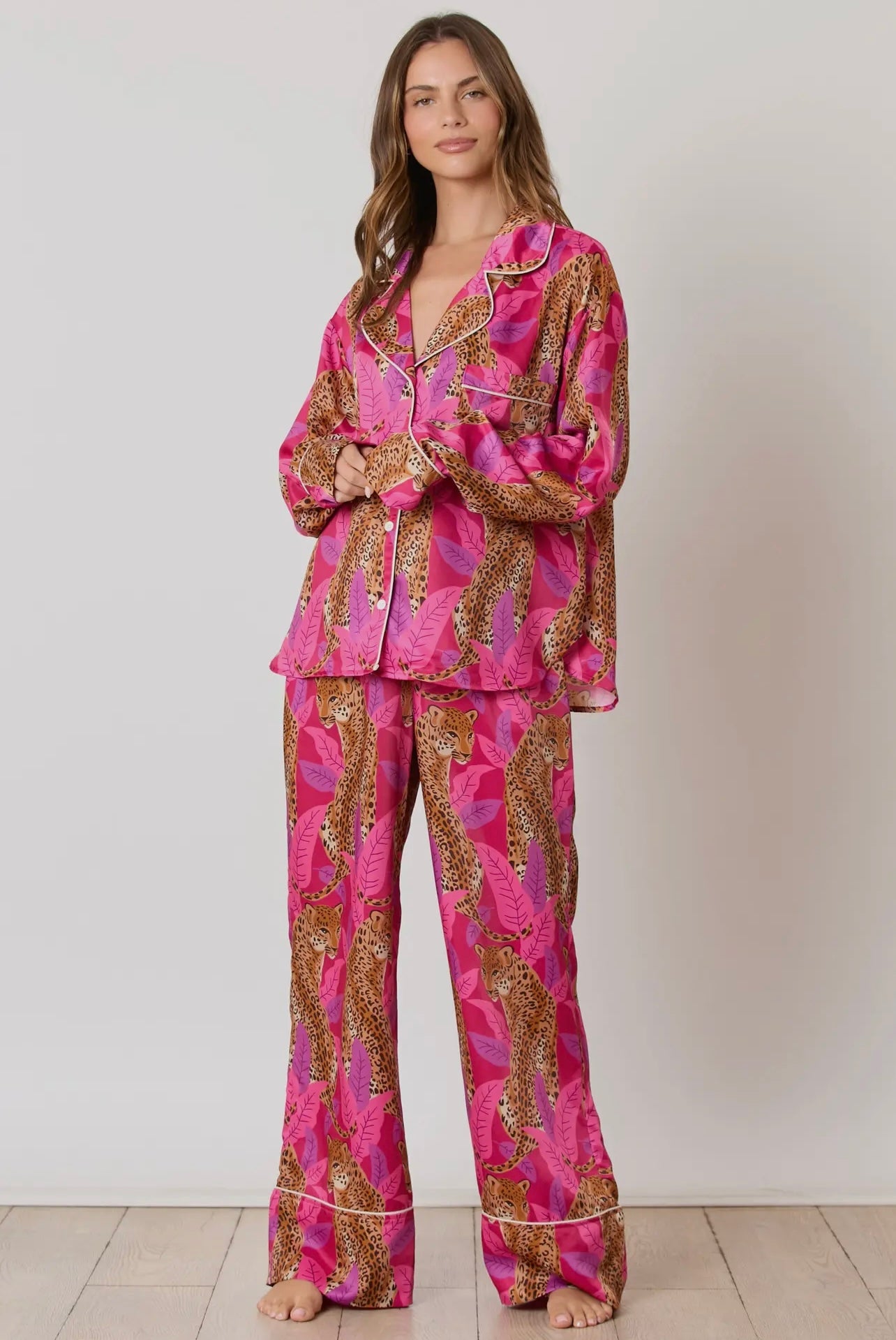Silky Satin Cheetah Print Long Sleeve Pajama Set Silky Satin Cheetah Print Long Sleeve Pajama Set