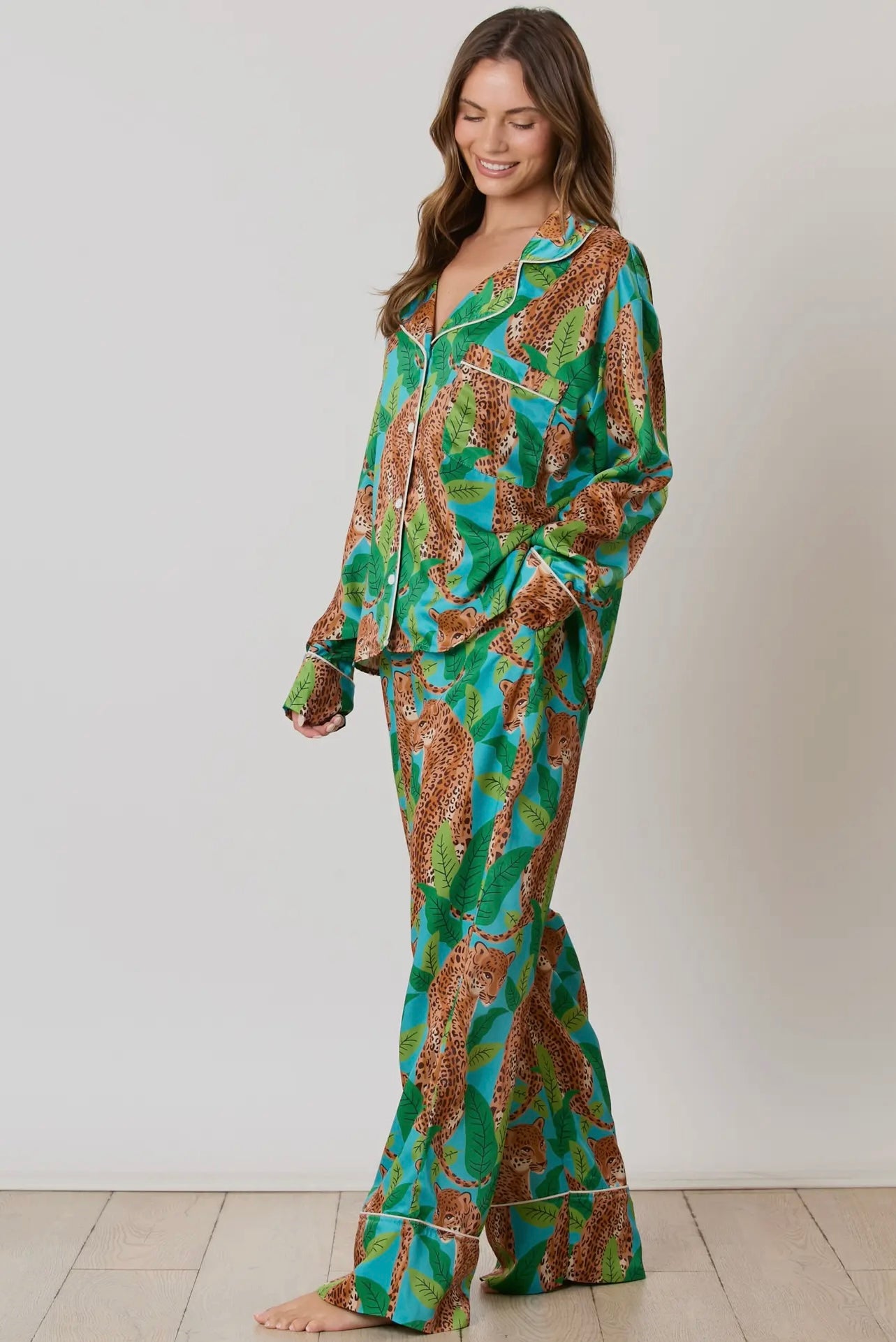 Silky Satin Cheetah Print Long Sleeve Pajama Set Silky Satin Cheetah Print Long Sleeve Pajama Set