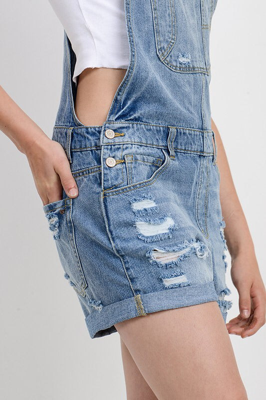 The Izzy Distressed Denim Overall Shorts The Izzy Distressed Denim Overall Shorts
