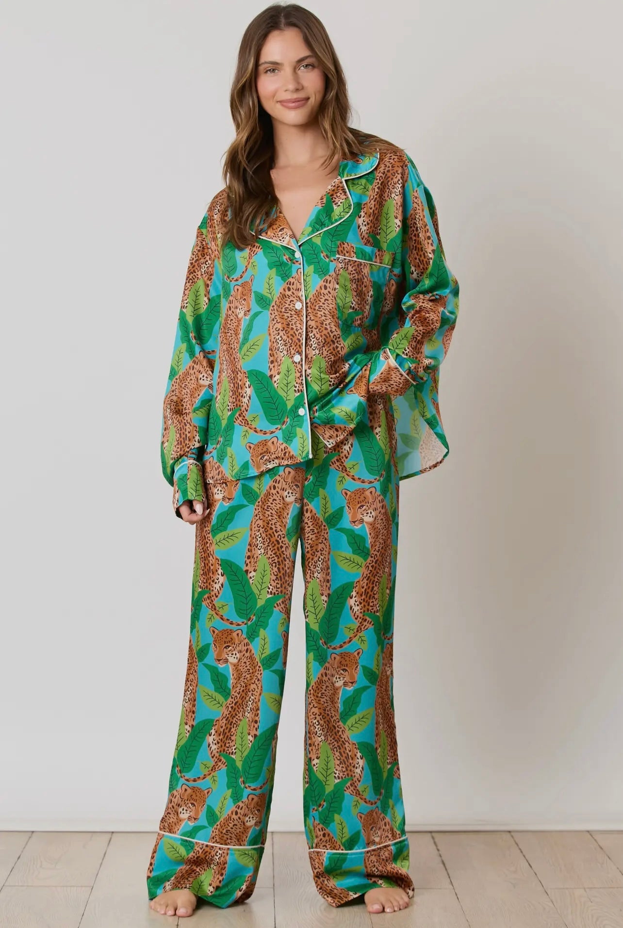 Silky Satin Cheetah Print Long Sleeve Pajama Set Silky Satin Cheetah Print Long Sleeve Pajama Set