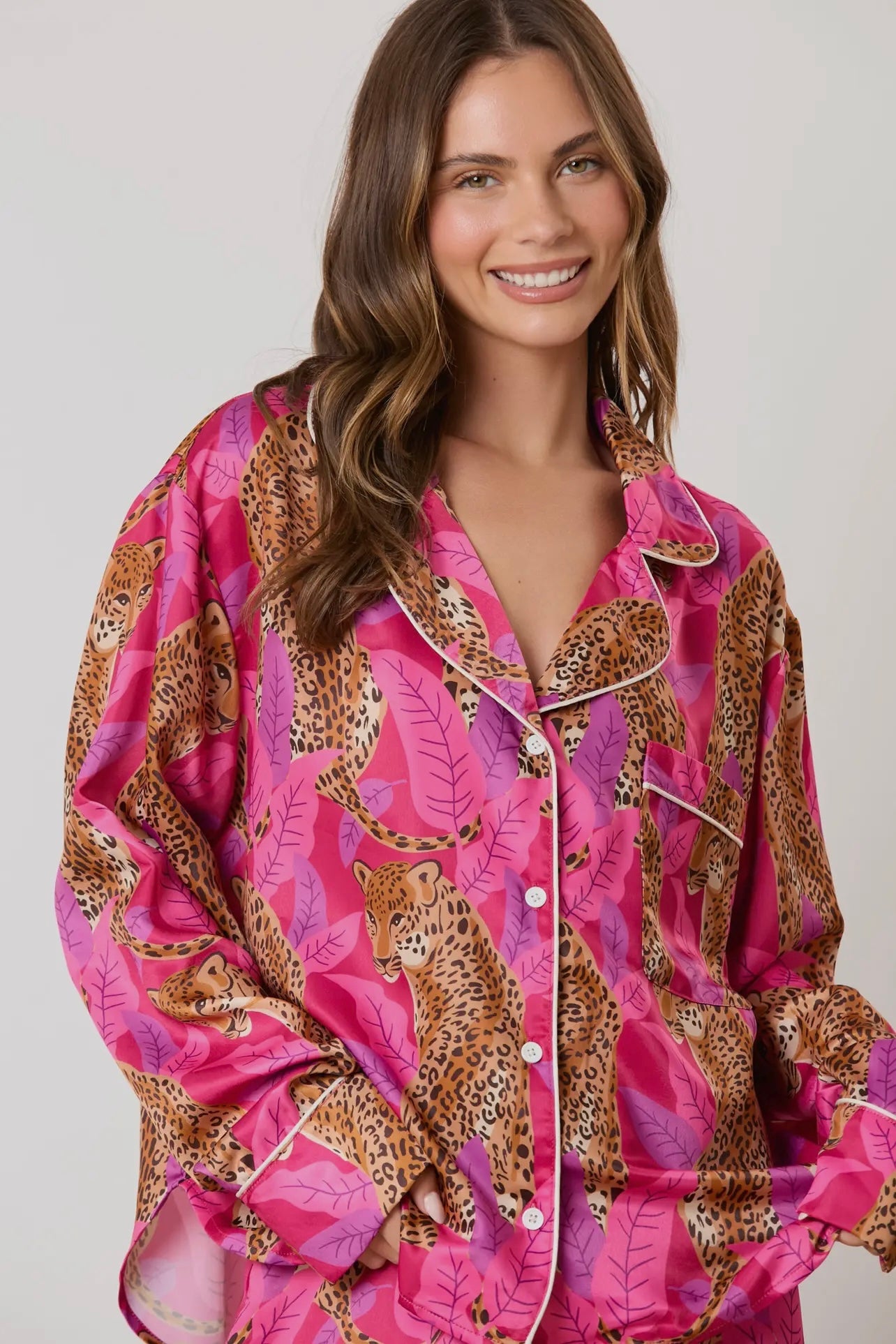 Silky Satin Cheetah Print Long Sleeve Pajama Set Silky Satin Cheetah Print Long Sleeve Pajama Set
