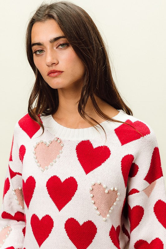 Heart Pattern Pearl Detail Knit Sweater Heart Pattern Pearl Detail Knit Sweater
