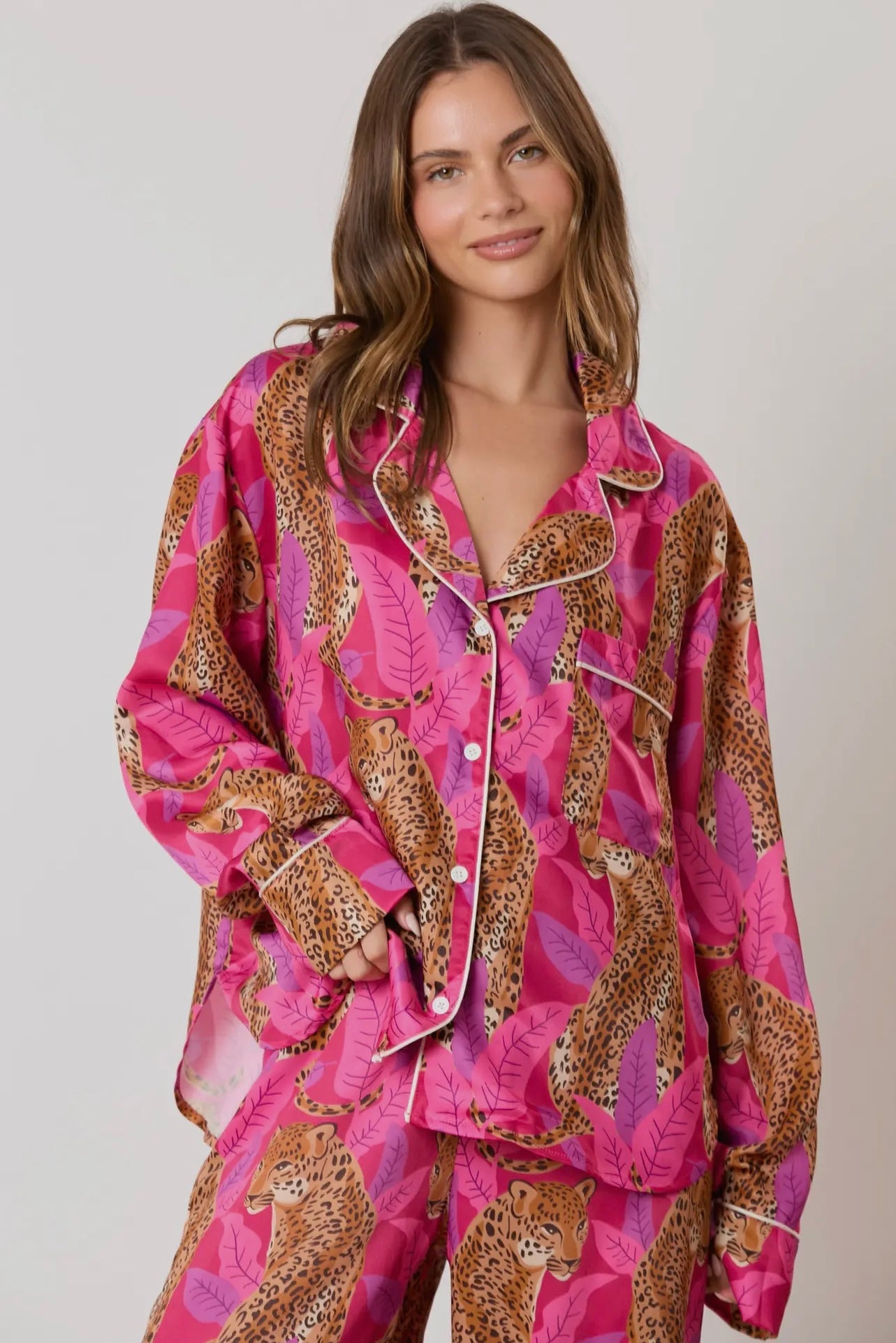 Silky Satin Cheetah Print Long Sleeve Pajama Set Silky Satin Cheetah Print Long Sleeve Pajama Set