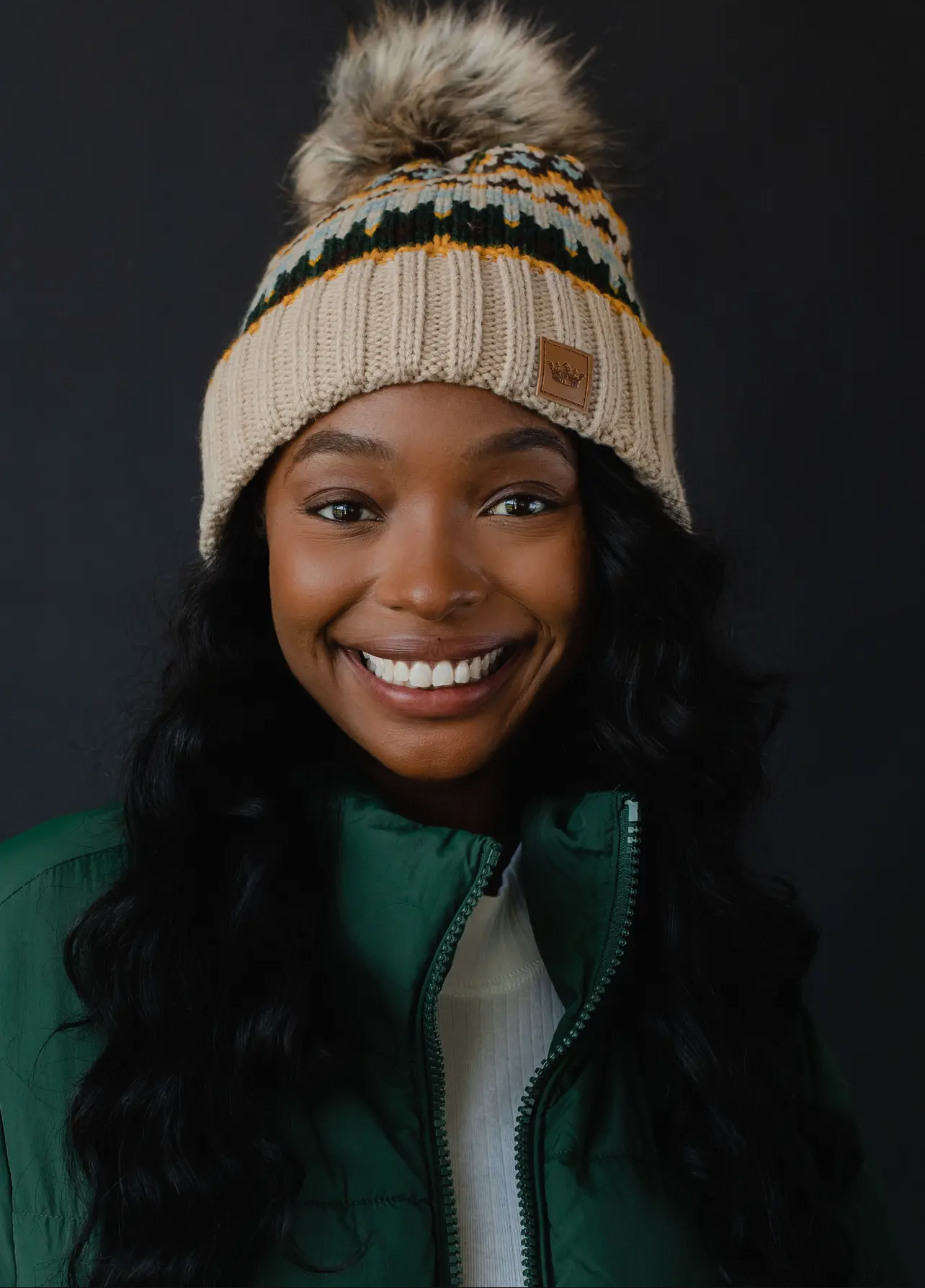 Patterned Knit Hat with Faux Fur pom Patterned Knit Hat with Faux Fur pom