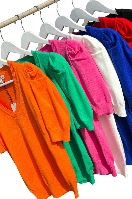 Adley V-Neck Short Puff Sleeve Sweater Adley V-Neck Short Puff Sleeve Sweater