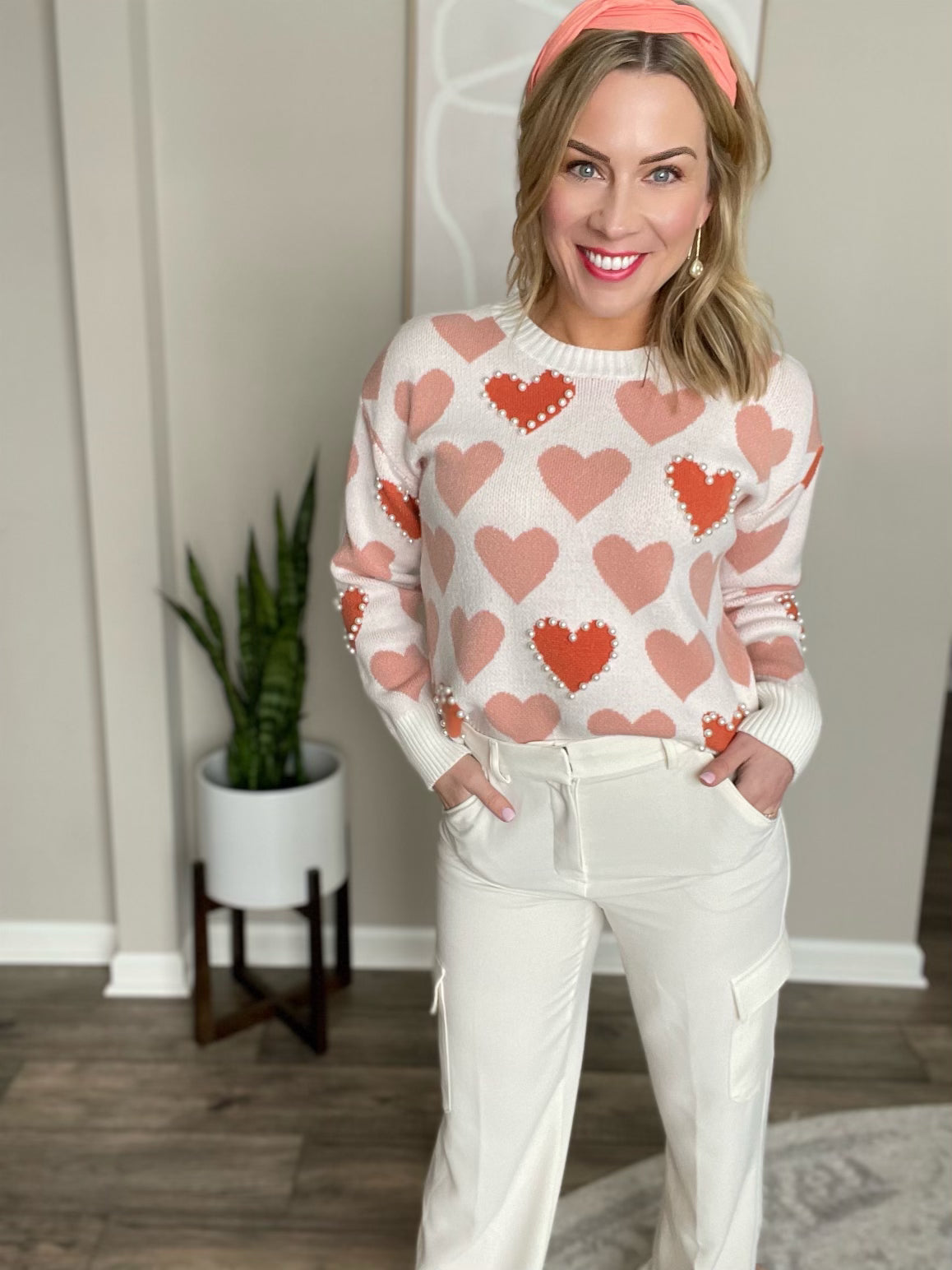 Heart Pattern Pearl Detail Knit Sweater Heart Pattern Pearl Detail Knit Sweater